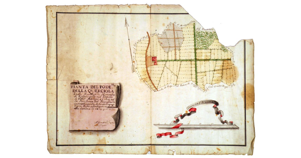 Pianta del podere della Querciola delle reverende monache di Rosano posto nel popolo di San Martino a Cona nella potesteria del Pontassieve. Geometricamente misurato compreso vigna, bosco e seminativo ascende alla somma di staia 74