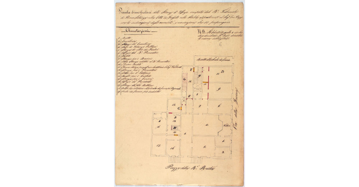 Pianta dimostrativa delle Stanze d'Uffizio occupate dal R°: Tribunale di Prima Istanza nella Città di Grosseto nello Stabile appartenente al Sig: Cav. Pozzi con le indicazioni degli aumenti, e variazioni che si propongono
