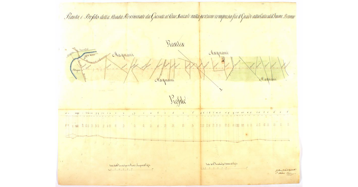 Pianta, e Profilo della strada Provinciale da Grosseto al Cerro Bucato nella porzione compresa frà il Guado alla Calla ed il Fiume Bruna