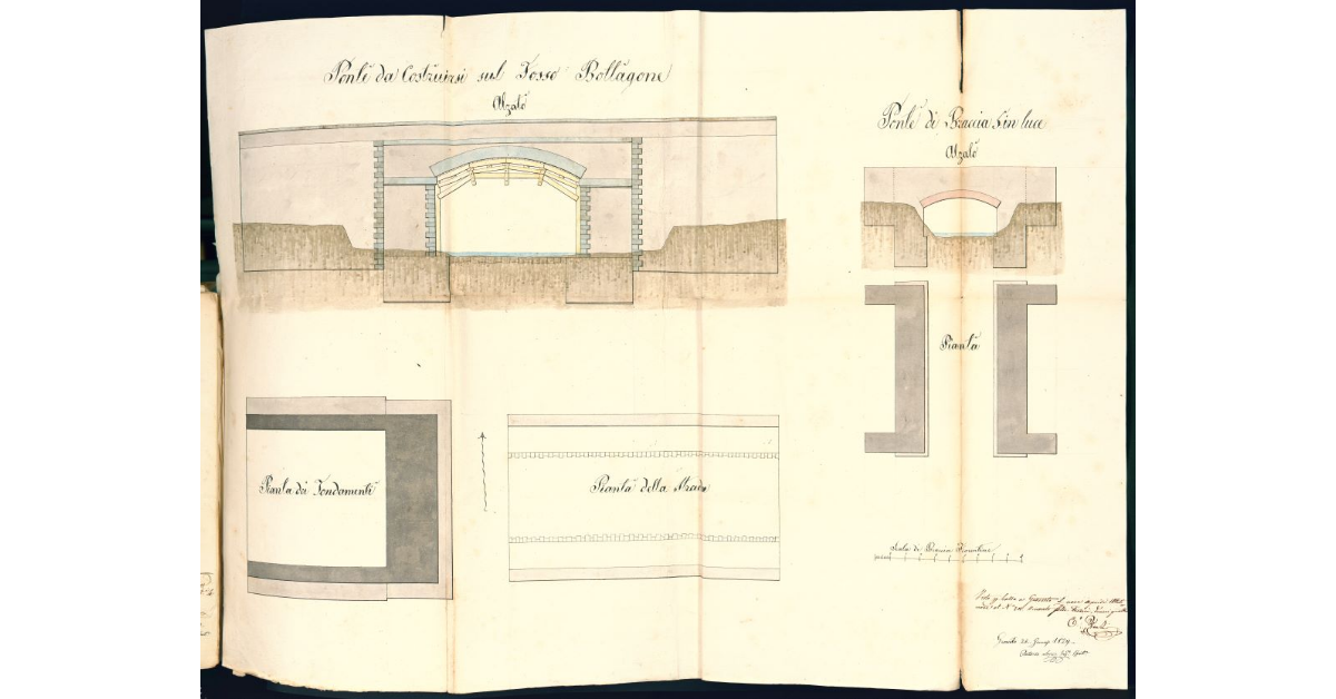 [Pianta e alzato del ponte da costruirsi sul fosso Bottagone e del ponte da costruirsi sul fosso della Fonte di Montepescali e su un fosso in prossimità della Casetta della Soceta]