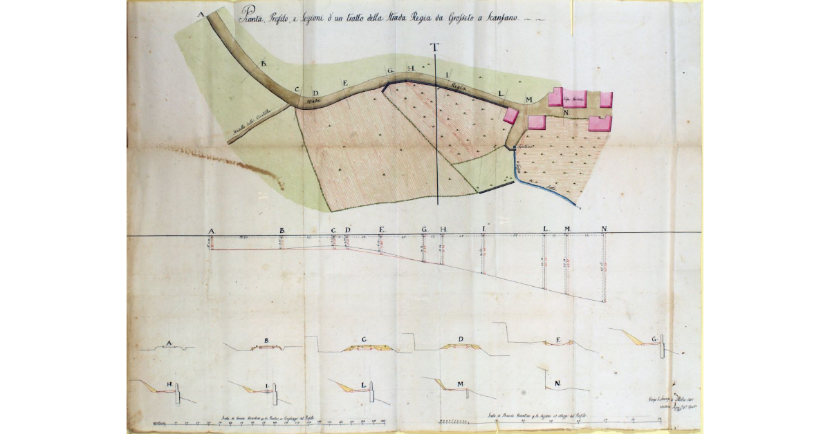 Pianta, Profilo e Sezioni di un tratto della Strada Regia da Grosseto a Scansano