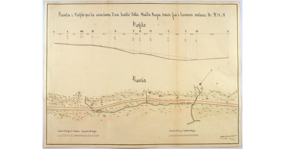 Pianta, e Profilo per la correzione d'un tratto della Strada Regia Senese fra i termini miliari di N° 38 e 37