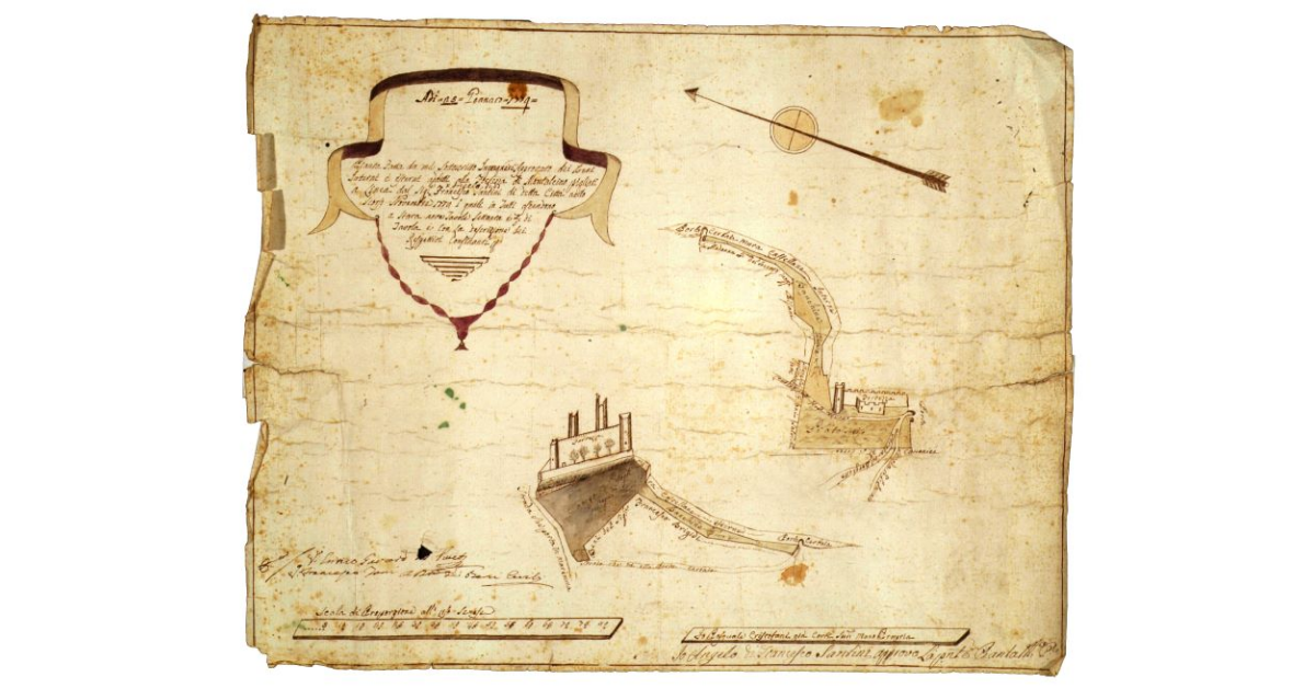 Pianta fatta da me sottoscritto ingegnere approvato dei beni interni e esterni additti alla Fortezza di Montalcino pigliati a linea dal signore Angelo Francesco di Santini di detta città nello scorso novembre 1778 i quali in tutti ascendono a staia 9, tavole 70 e 5/6 di tavola e con la descrizione dei respettivi confinanti