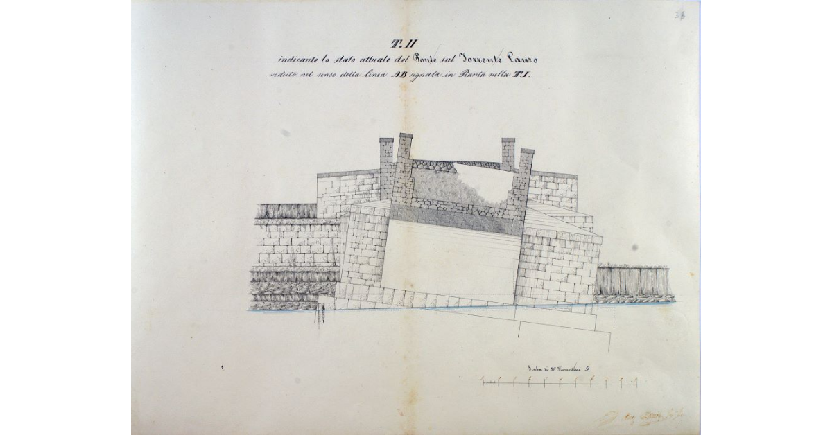 T. II indicante lo stato attuale del Ponte sul Torrente Lanzo veduto nel senso della linea AB segnata in Pianta nella T. I