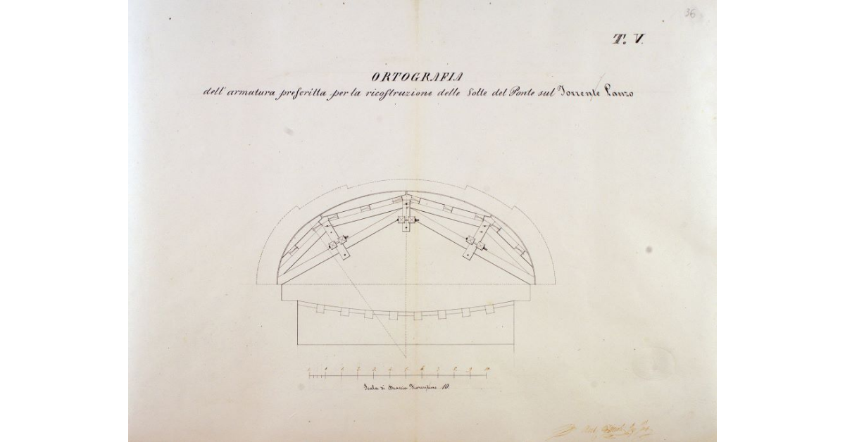 Ortografia dell'armatura prescritta per la ricostruzione delle volte del Ponte sul Torrente Lanzo
