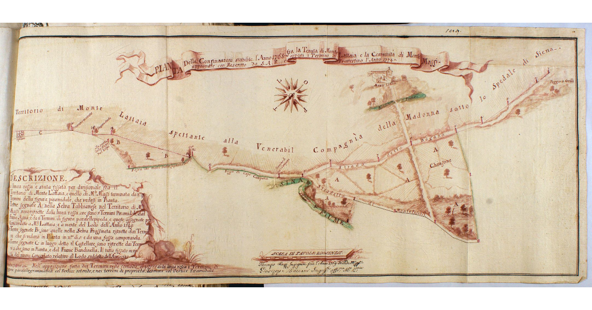 Pianta delle Confinazioni stabilite l'Anno 1768 fra la Tenuta di Monte Lattaia e la Comunità di Monte Massi, approvate da S. A. R. e apposti i Termini di Travertino l'Anno 1774