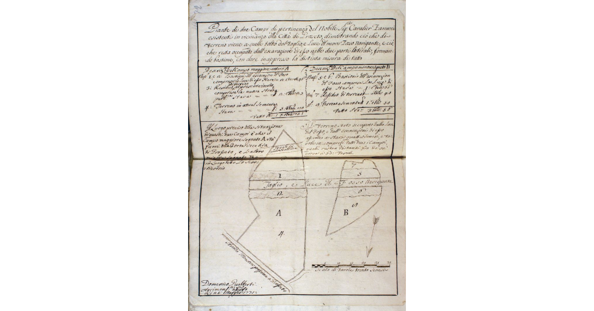 Piante di due Campi di pertinenza del Nobile Sig. Cavalier Fanucci esistenti in vicinanza della Città di Grosseto, dimostrando ciò che di terreno viene a quelli tolto dal taglio, e Luce del nuovo Fosso Navigante, e ciò, che resta occupato dall'escavazione di esso nelle due parti laterali, formando bastione, con dare in appresso la distinta misura di tutto