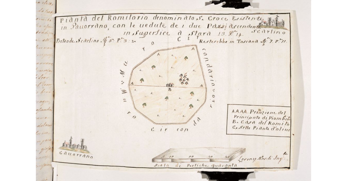 Pianta del Romitorio denominato S. Croce esistente in Gavorrano, con le vedute de i due Paesi, ascendente in superficie a stara 13 p. 14