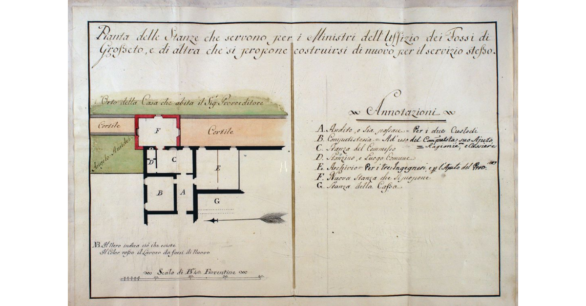 Pianta delle Stanze che servono per i Ministri dell'Uffizio dei Fossi di Grosseto, e di altra che si propone costruirsi di nuovo per il servizio stesso