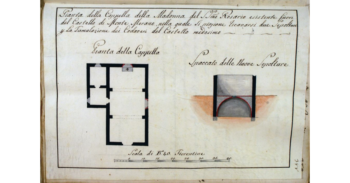 Pianta della Cappella della Madonna del SS.mo Rosario esistente fuori dal Castello di Monte Merano, nella quale si propone ricavarsi due sepolture per la Tumulazione dei Cadaveri del Castello Medesimo