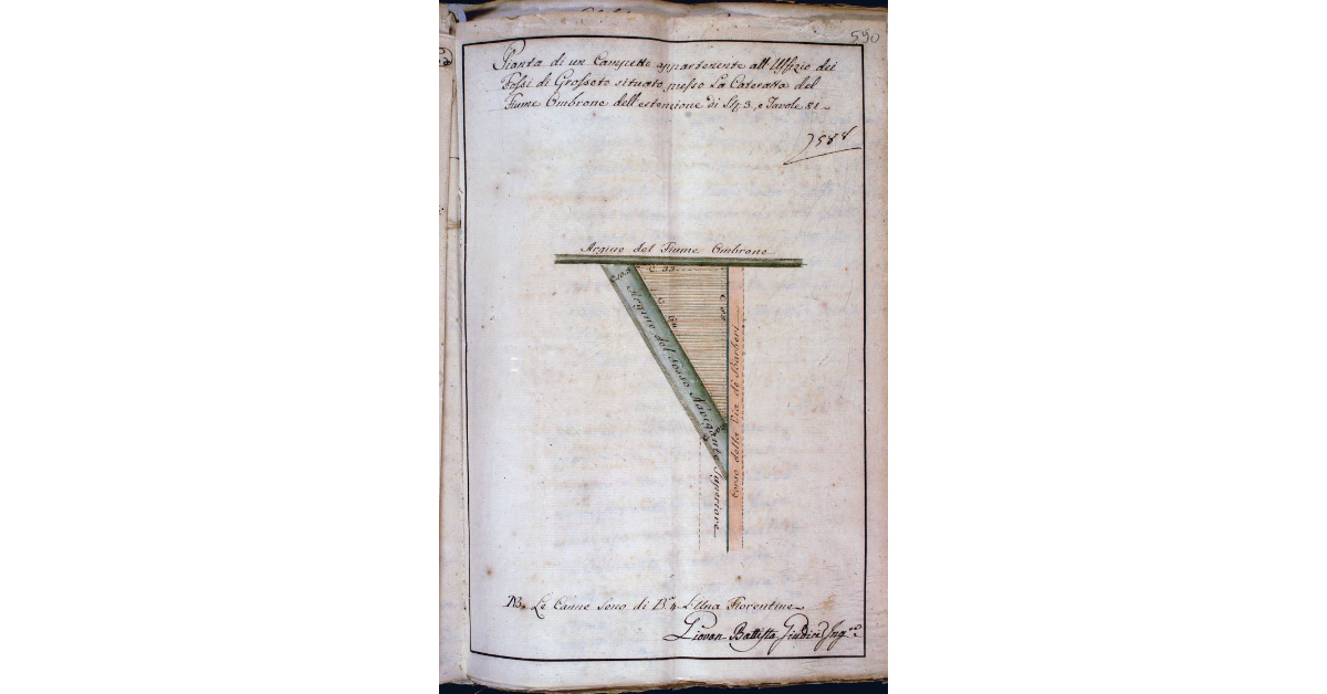 Pianta di un Campetto appartenente all'Uffizio dei Fossi di Grosseto situato presso La Cateratta del Fiume Ombrone dell'estensione di Staia 3, e Tavole 81