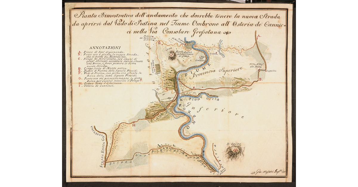 Pianta Dimostrativa dell'andamento che dovrebbe tenere la nuova Strada da aprirsi dal Vado di Piatina nel Fiume Ombrone all'Osteria de' Cannicci nella Via Consolare Grossetana