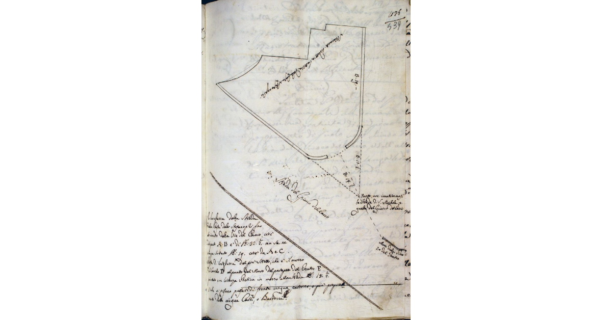 [Pianta del terreno posto di fronte al teatro fra la via del Gioco del Cacio e la strada di San Michele, con l'indicazione del muro che deve essere costruito]