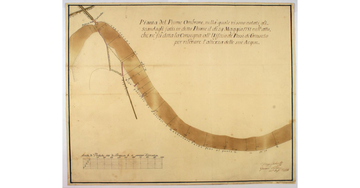 Pianta del Fiume Ombrone nella quale vi sono notati gli scandagli fatti in detto Fiume il dì 29 Maggio 1781 nell'atto, che ne fu data la Consegna all'Uffizio de' Fossi di Grosseto per rilevare l'altezza delle sue Acque