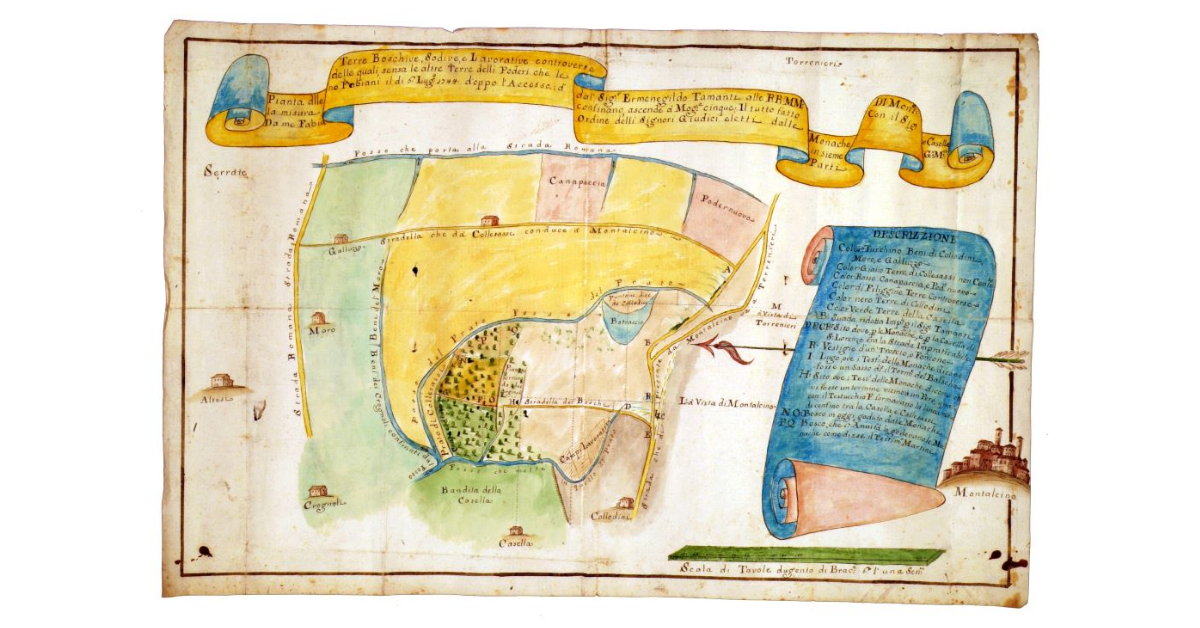 Pianta delle terre boschive, sodive e lavorative controverse dal signor Ermenegildo Tamanti alle RR MM monache di Montalcino e Casella la misura delle quali sensa le altre terre delli poderi che le confinano ascende a moggia cinque. Il tutto fatto insieme col signor G. M. da me Fabiano Fabiani il dì 6 luglio 1744 dopo l'accesso d'ordine delli signori giudici eletti dalle parti