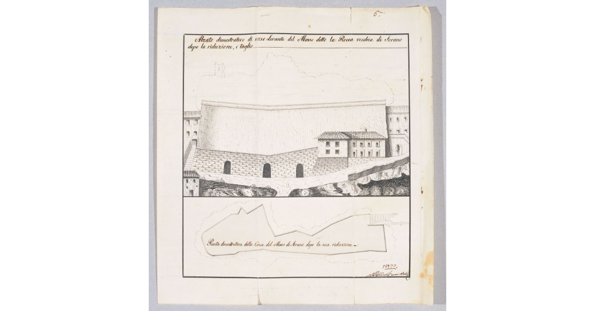 Alzato dimostrativo di verso Levante del Masso detto la Rocca vecchia di Sorano dopo la riduzione, e taglio