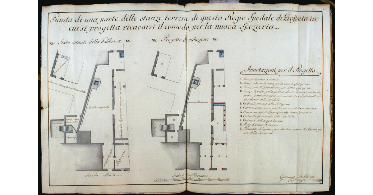 Pianta di una parte delle stanze terrene di questo Regio Spedale di Grosseto in cui si progetta ricavarsi il comodo per la nuova Spezieria