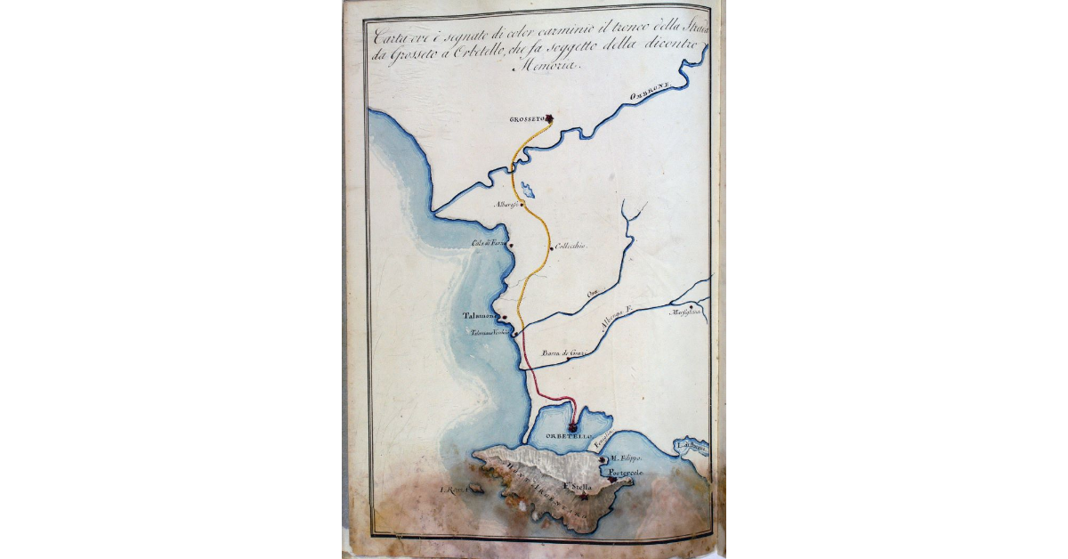 Carta ove è segnato di color carminio il tronco della Strada da Grosseto a Orbetello che fa soggetto della dicontro Memoria