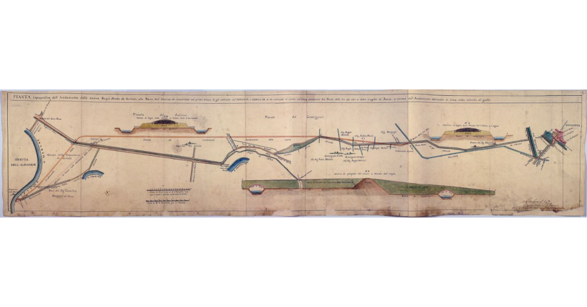 Pianta topografica dell'Andamento della nuova Regia Strada da Grosseto alla Barca dell'Alberese da restaurarsi nel primo tronco di già costruito nel MDCCCVI e MDCCCVII e da costruirsi di nuovo nel tronco successivo dal Ponte delle tre Aje sino a detto tragitto di Barca a norma dell'Andamento delineato in linee rosse colorito di giallo