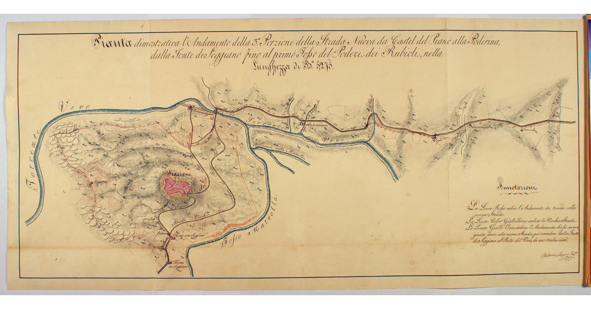 Pianta dimostrativa l'Andamento della 3ª Porzione della Strada Nuova da Castel del Piano alla Poderina, dalla Fonte di Seggiano fino al primo Fosso del Podere dei Rubioli, nella Lunghezza di B.ª 5275
