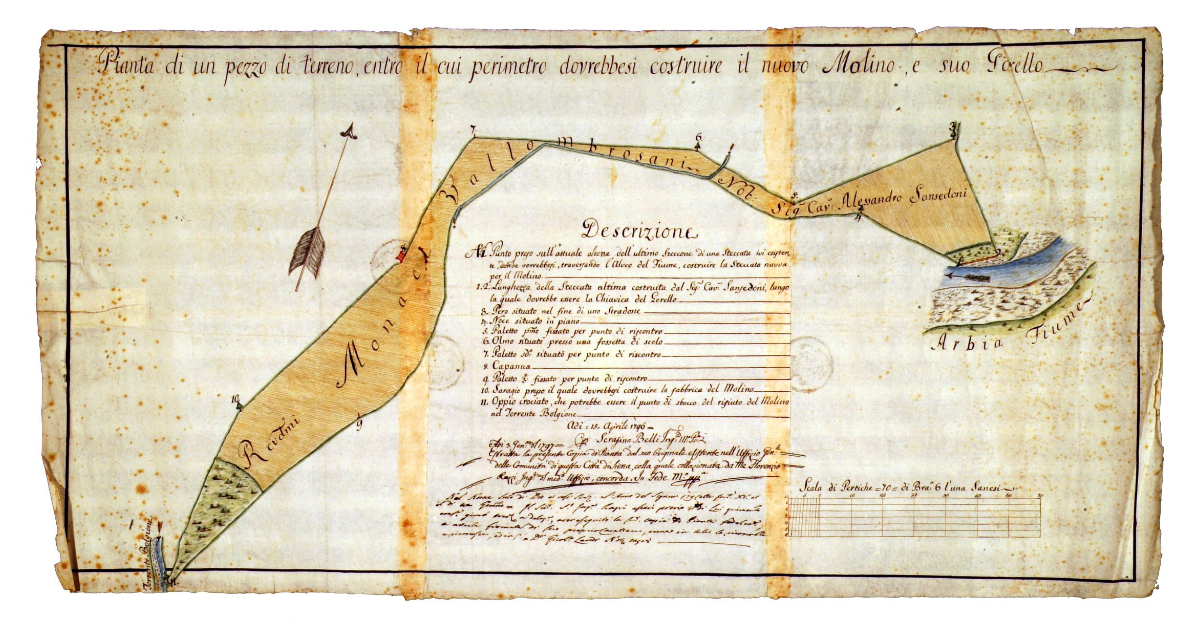 Pianta di un pezzo di terreno entro il cui perimetro dovrebbesi costruire il nuovo molino e suo gorello