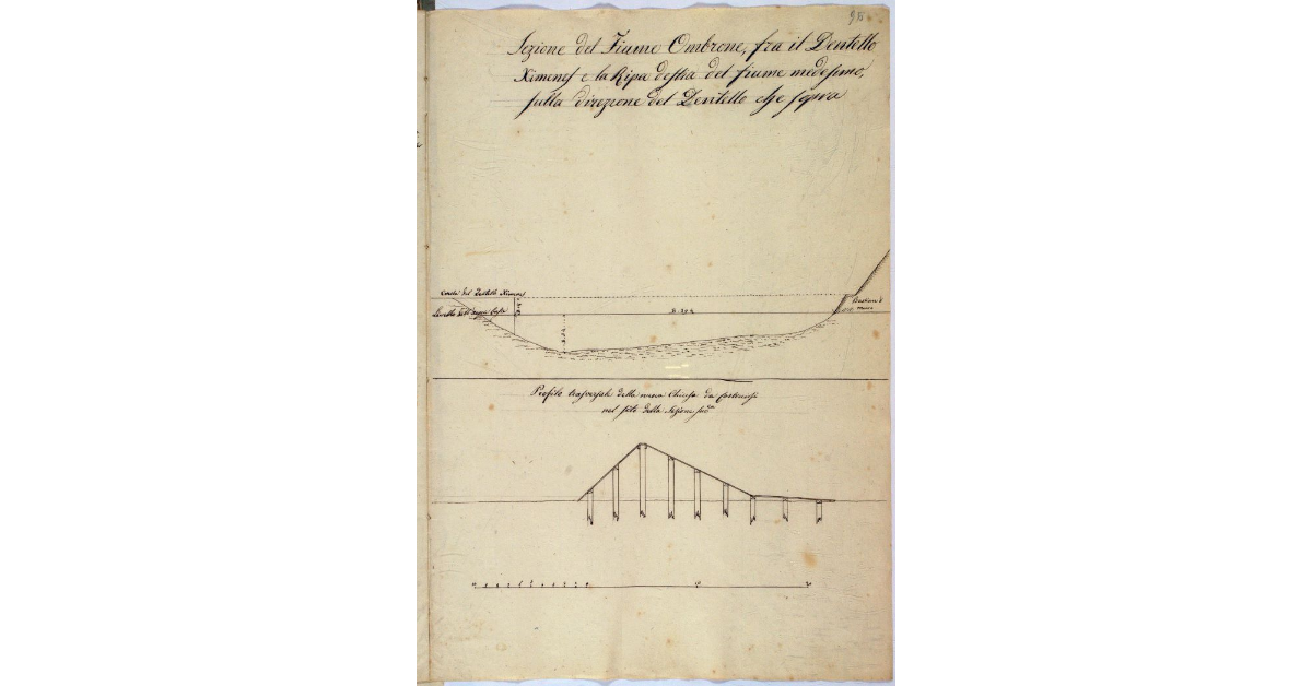 Sezione del Fiume Ombrone, fra il Dentello Ximenes e la Ripa destra del fiume medesimo, sulla direzione del Dentello che sopra
