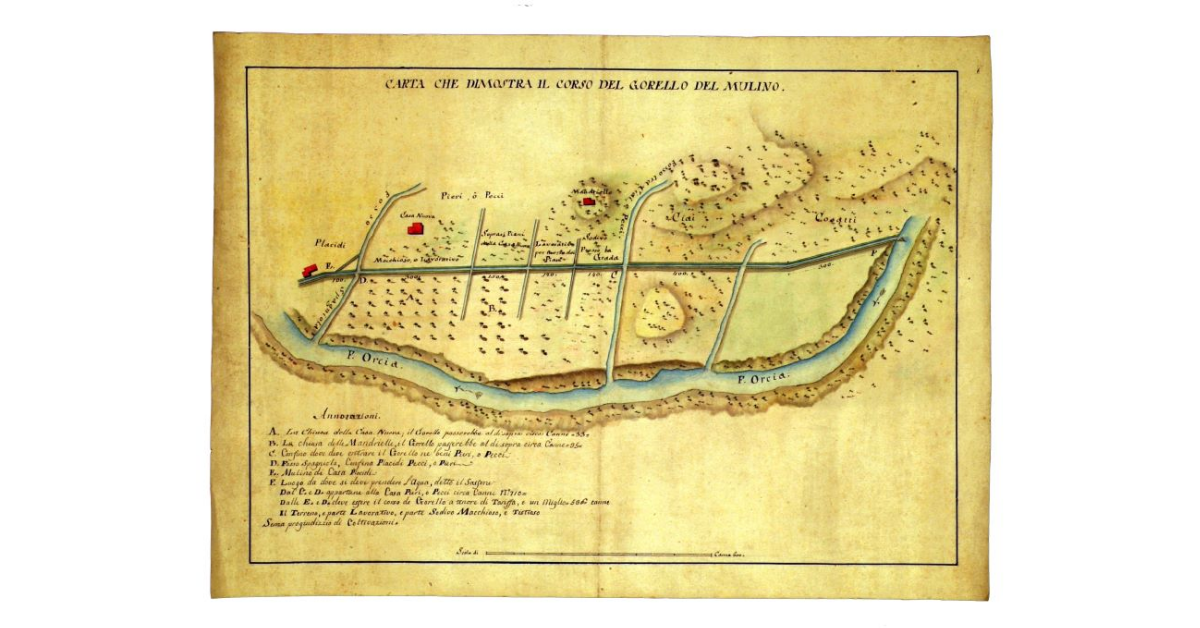 Carta che dimostra il corso del gorello del mulino [Placidi sul fiume Orcia]