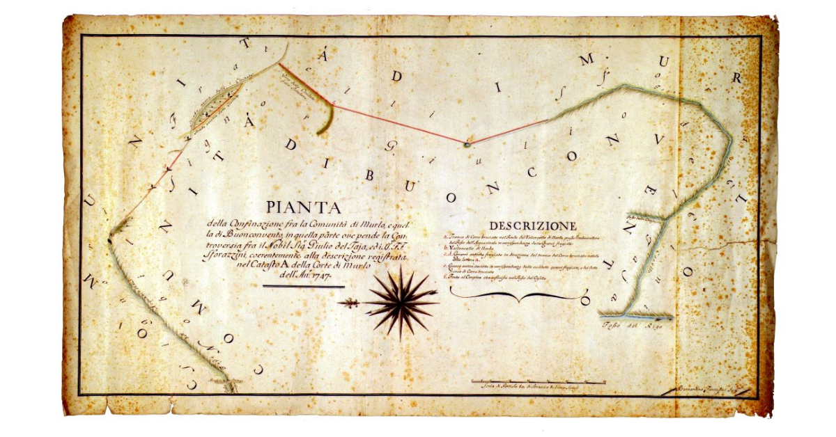 Pianta della confinazione fra la comunità di Murlo e quella di Buonconvento in quella parte ove pende la Controversia fra il nobil signor Giulio del Taja, ed i signori fratelli Sforazzini coerentemente alla descrizione registrata nel catasto A della corte di Murlo