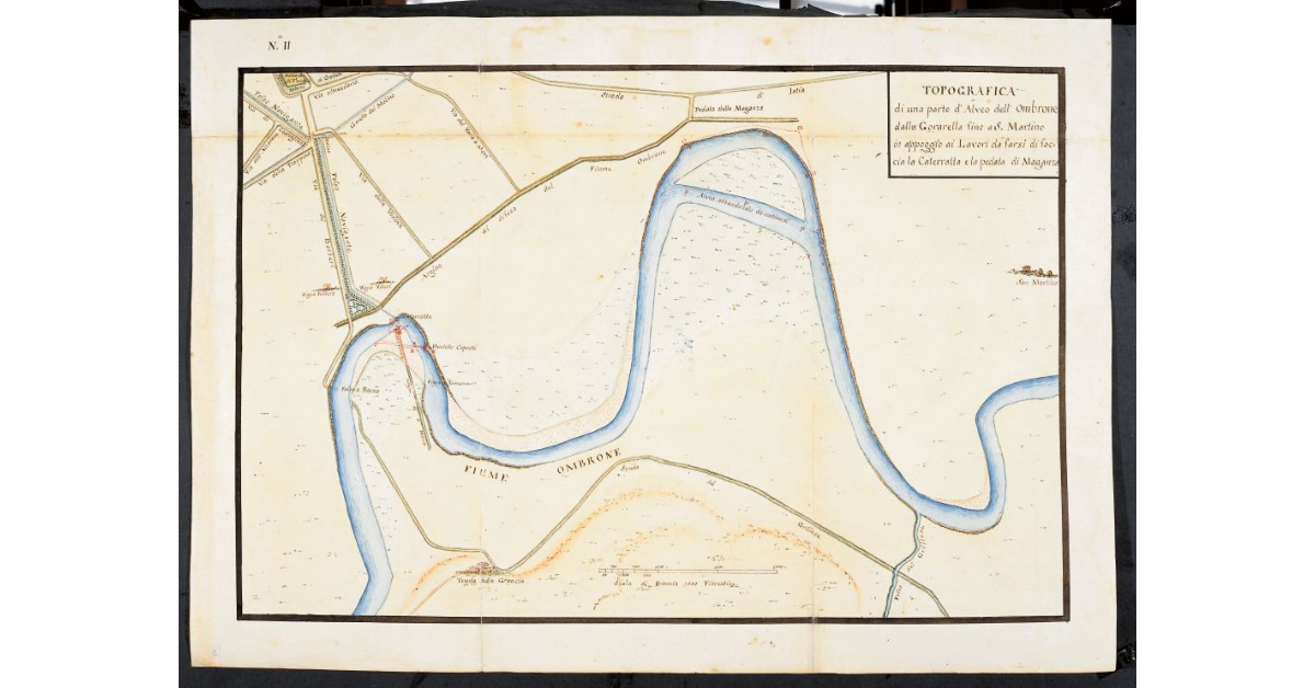Topografica di una parte d'Alveo dell'Ombrone dalla Gorarella fino a S. Martino in appoggio ai Lavori da farsi di faccia la Caterratta e la pedata di Maganza