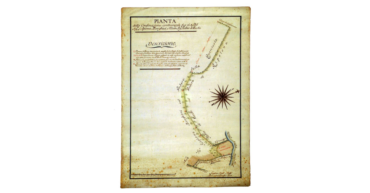 Pianta della confinazione controversa fra il nobil signor Scipione Borghesi e monsignor Fabio De Vecchi