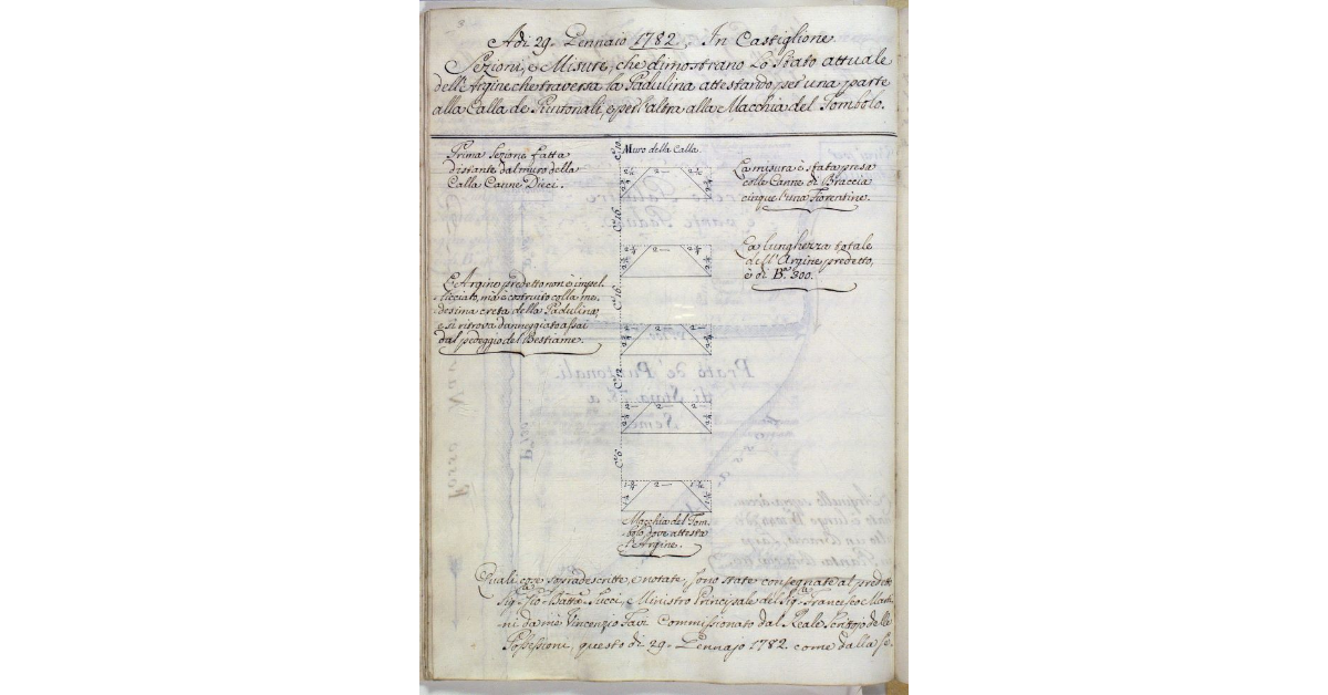 A dì 29 Gennaio 1782 in Castiglione. Sezioni, e Misure, che dimostrano Lo Stato attuale dell'Argine che traversa la Padulina attestando per una parte alla Calla de Puntonali, e per l'altra alla Macchia del Tombolo
