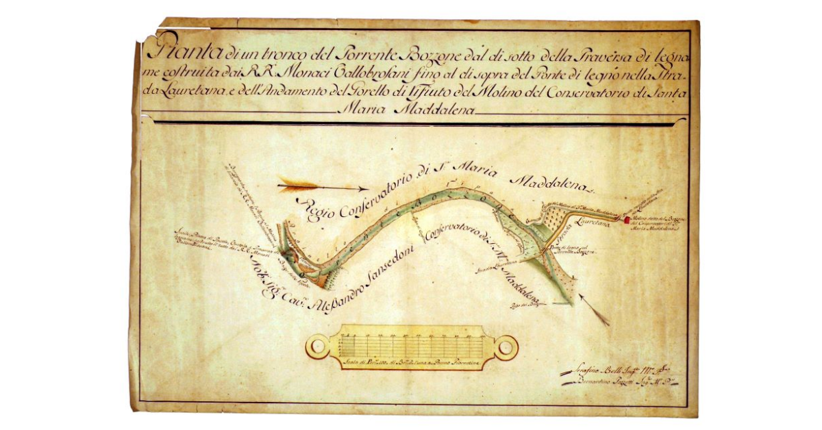 Pianta di un tronco del torrente Bozzone dal di sotto della traversa di legname costruita dai reverendi monaci Vallo[m]brosani fino al di sopra del ponte di legno nella strada Lauretana e dell'andamento del gorello di rifiuto del molino del conservatorio di Santa Maria Maddalena
