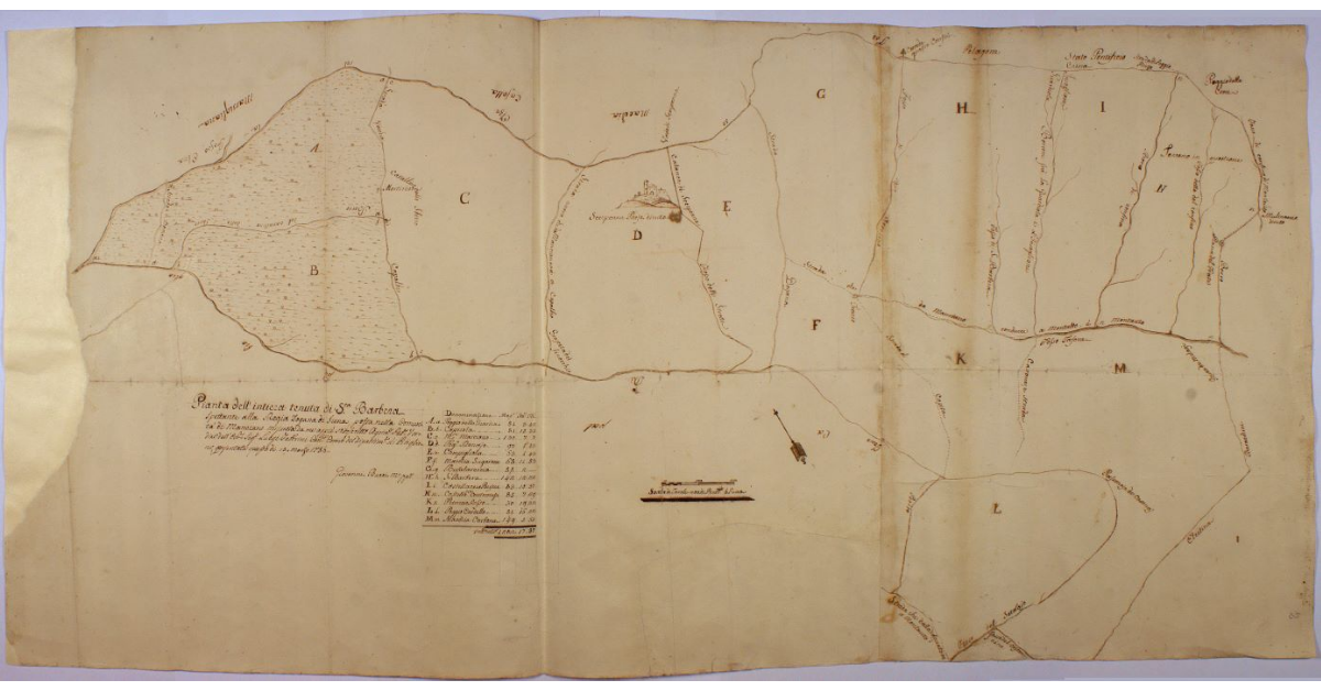 Pianta dell'intiera tenuta di Santa Barbera spettante alla Regia Dogana di Siena, posta nella Comunià di Manciano misurata da me appié sottoscritto Agrimensore Pubblico d'ordine dell'Eccellentissimo Sig. Luigi Fabbrini Cancelliere Comunitativo del Dipartimento di Pitigliano, presentata questo dì 15 maggio 1786
