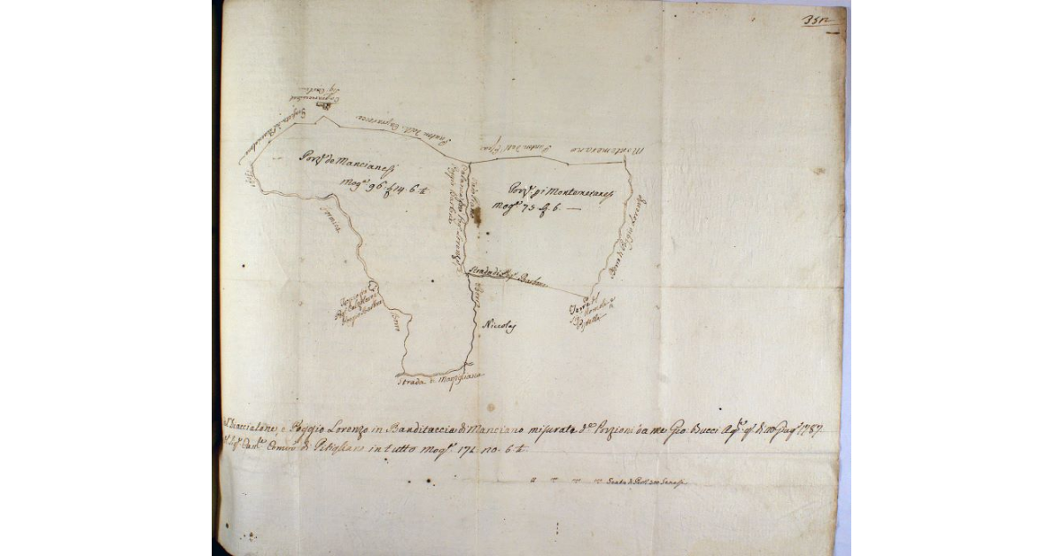 Pianta del Diaccialone, e Poggio Lorenzo in Banditaccia di Manciano misurate dette Porzioni da me Giovanni Bucci agrimensore questo dì 20 giugno 1787 per ordine del sig. Cancelliere Comunitativo di Pitigliano in tutto moggia 174.20.6 tavole