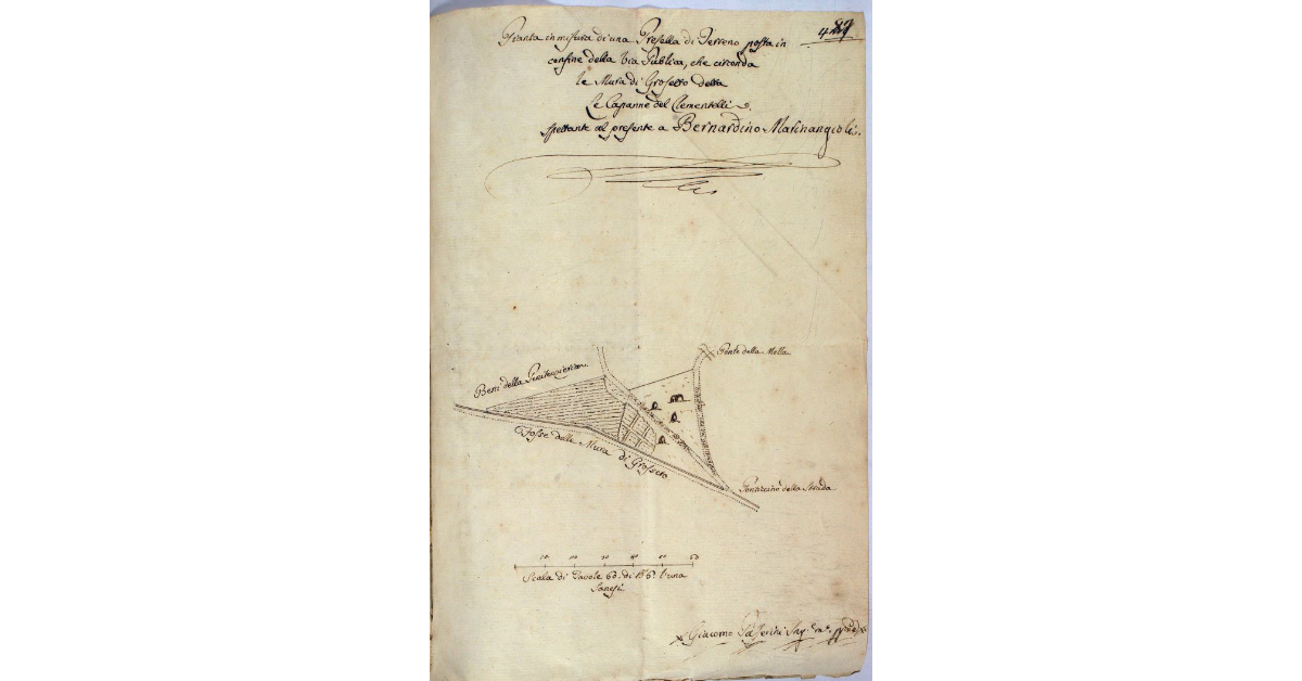 Pianta in misura di una Presella di Terreno posta in confine della via Publica, che circonda le Mura di Grosseto detta Le Capanne del Clementelli spettante al presente a Bernardino Marinangioli