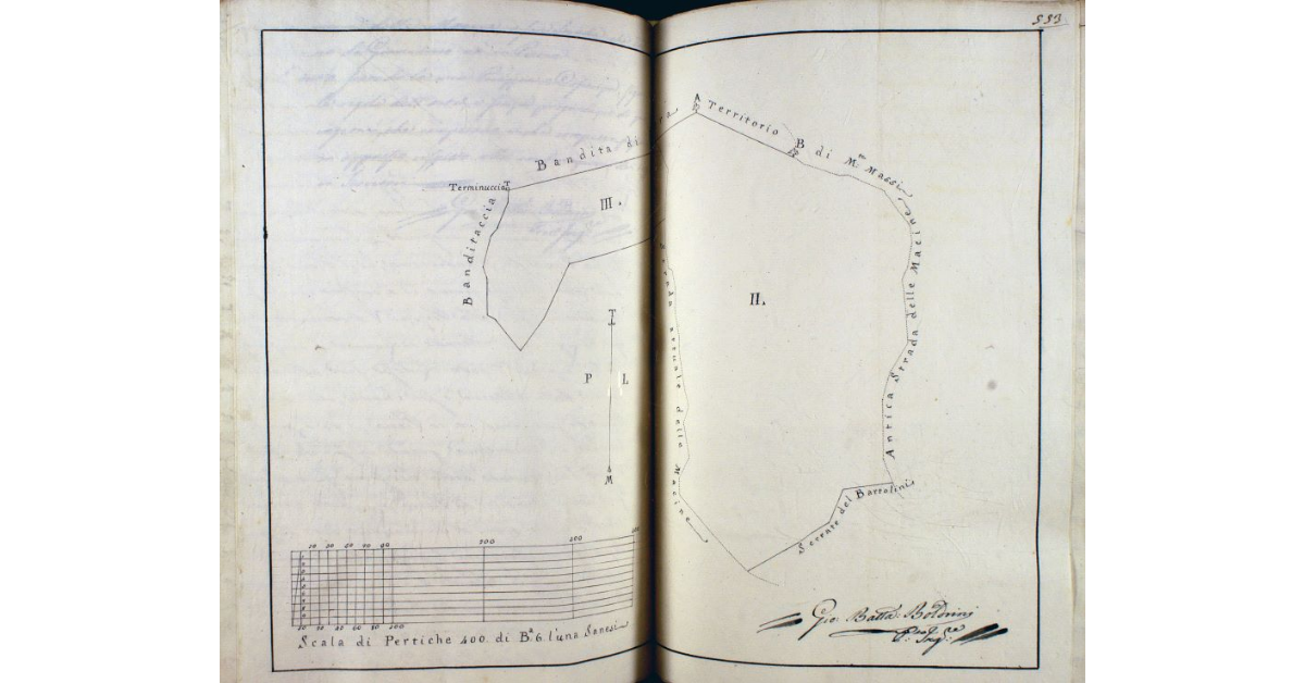 [Pianta delle porzioni II e III del Piano Doganale di Giuncarico, rispettivamente denominate "Monte Cucco" e "Poggetti del Termine"]