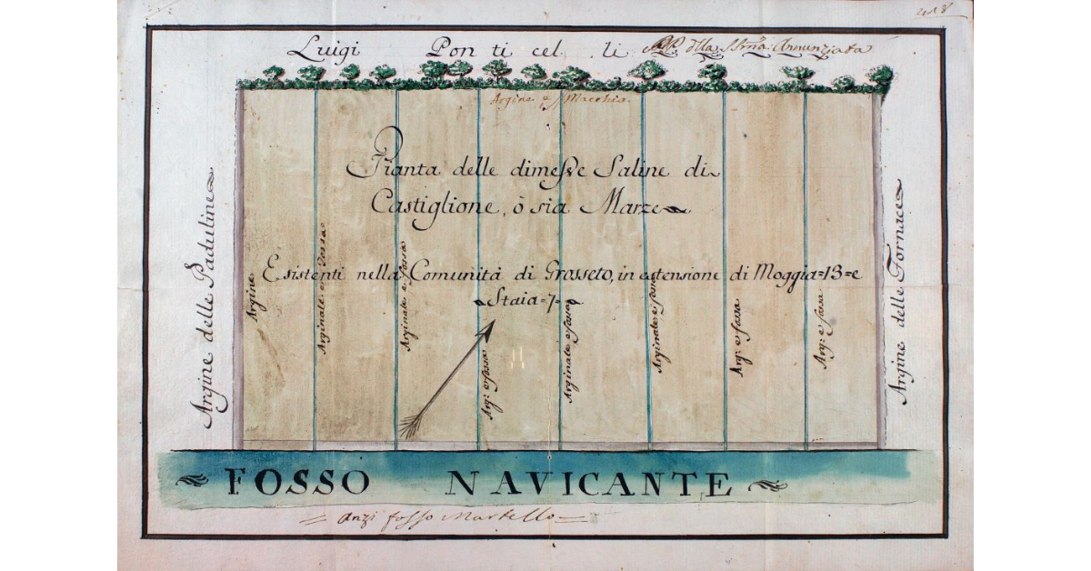 Pianta delle dimesse Saline di Castiglione, o sia Marze. Esistenti nella Comunità di Grosseto, in estensione di Moggia 13 e Staia 7
