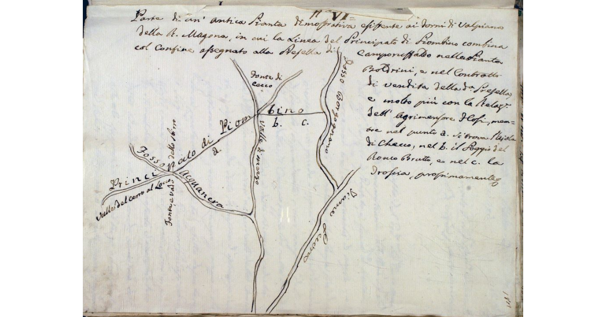 Parte di un'antica Pianta dimostrativa esistente ai Forni di Valpiana della R. Magona, in cui la linea del Principato di Piombino combina col confine assegnato alla Presella di Camporuffaldo nella Pianta Boldrini, e nel contratto di vendita della detta Presella e molto più con la Relazione dell'Agrimensore Flosi, mentre nel punto A si trova l'Aiola di Checco, nel B il Poggio del Ronco Brutto, e nel C la Troscia prossimamente