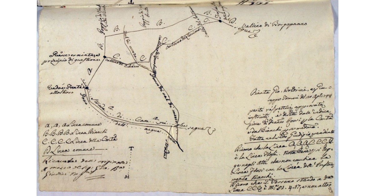 [Pianta relativa ai confini fra il Principato di Piombino e la presella di Camporuffaldo della Bandita di Pecora Vecchia]
