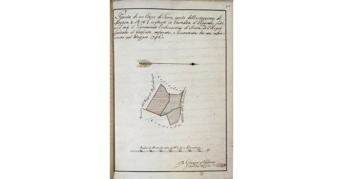 Pianta di un Corpo di Terre unite dell'estenzione di Moggia 4 Staia 18 3/4 esistenti in Contrada il Poggiale indiviso fra il Patrimonio Ecclesiastico di Siena, ed il Regio Spedale di Grosseto, misurate, e riscontrate da me infrascritto nel Maggio 1796