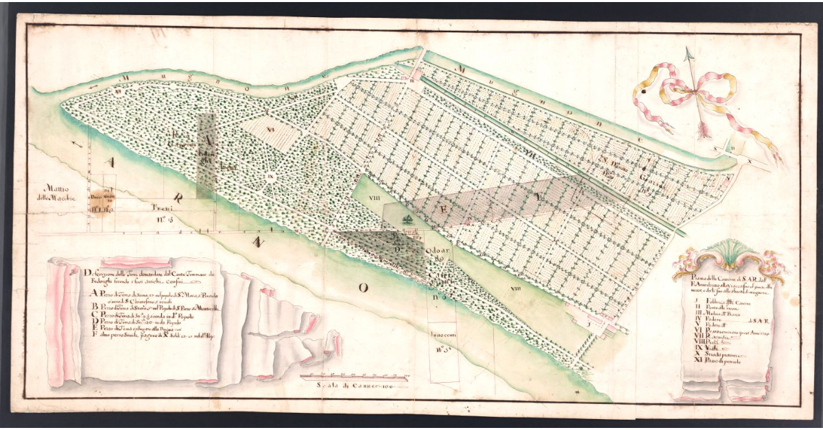 Pianta delle Casscine di S.A.R. dal F. Arno diritto alla Viacca fino al ponte alle mosse, e da lì fino allo sbocco di mugnone