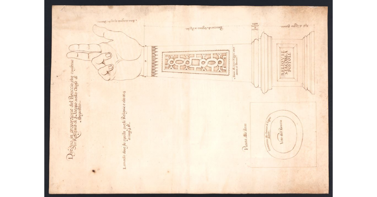 Disegno in proporzione del Braccio che conserva la Reliquia di S. Iacopo nella Chiesa di Altopascio