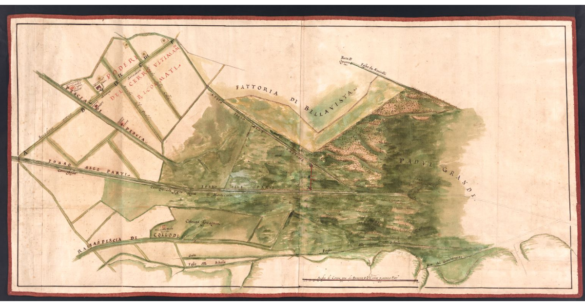 [Pianta dei terreni e paduli della fattoria di Altopascio adiacenti ai fiumi Pescia di Pescia e Pescia di Collodi]