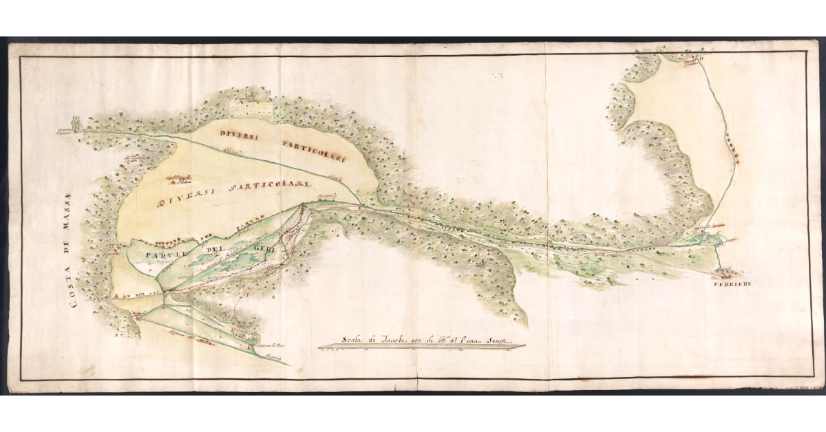 [Pianta che dimostra lo stato dei paduli, dei fiumi e dei fossi nelle adiacenze delle ferriere di Massa Marittima]