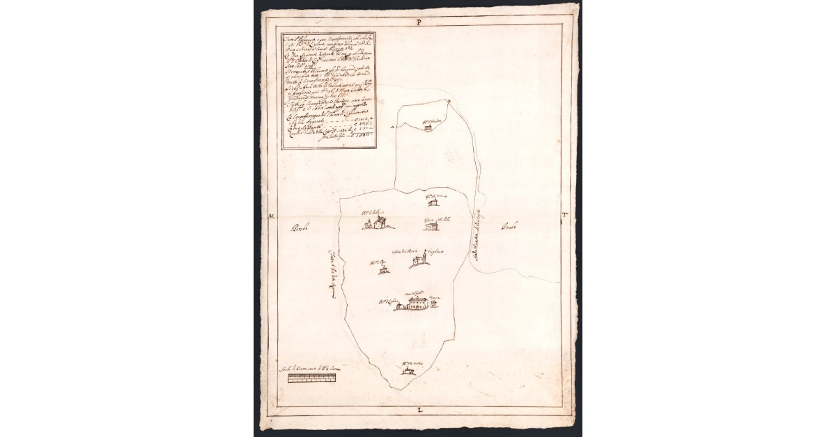 [Pianta che dimostra il palancato che divide i sei poderi di Ligliano della fattoria di Ginestre con le aggiunte per chiudere il podere del Giardino]
