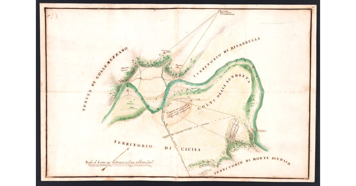 [Pianta del corso del fiume Cecina con la campagna adiacente, dalla presa delle acque delle Ferriere fino al piedi di Monte Verni]