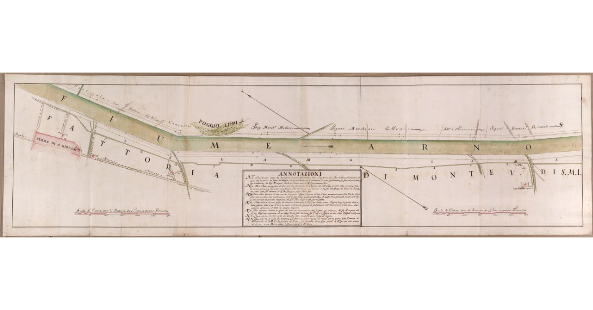 [Pianta di un tronco del fiume Arno da S. Giovanni alla casa del podere del Fossato nella fattoria di Montevarchi di S.M.I]