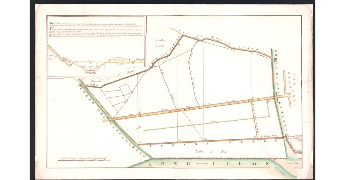 [Pianta dell'area in prossimità dell'Arno compresa fra l'argine Reale, il borro di S. Giovanni, il borro del Fiacchereto, la gora del mulino e la via di Montecarlo]