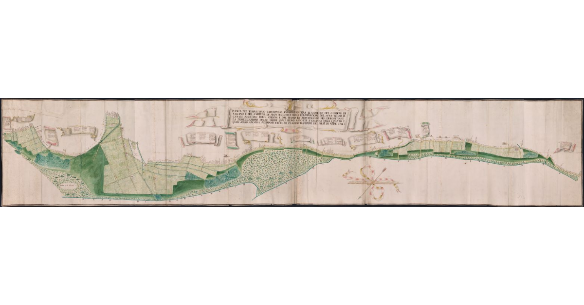 Pianta del territorio cortonese compreso tra il confino del comune di Valiano e del comune di Montecchio dalla terminazione del 1545 verso il canale Maestro della Chiana e dal ramo di Montecchio per dimostrare la disseccazione delle terre quali sieno ridotte quali a prato e quali sieno ancora scerpose fatta da Placido Ramponi del mese di novembre 1711