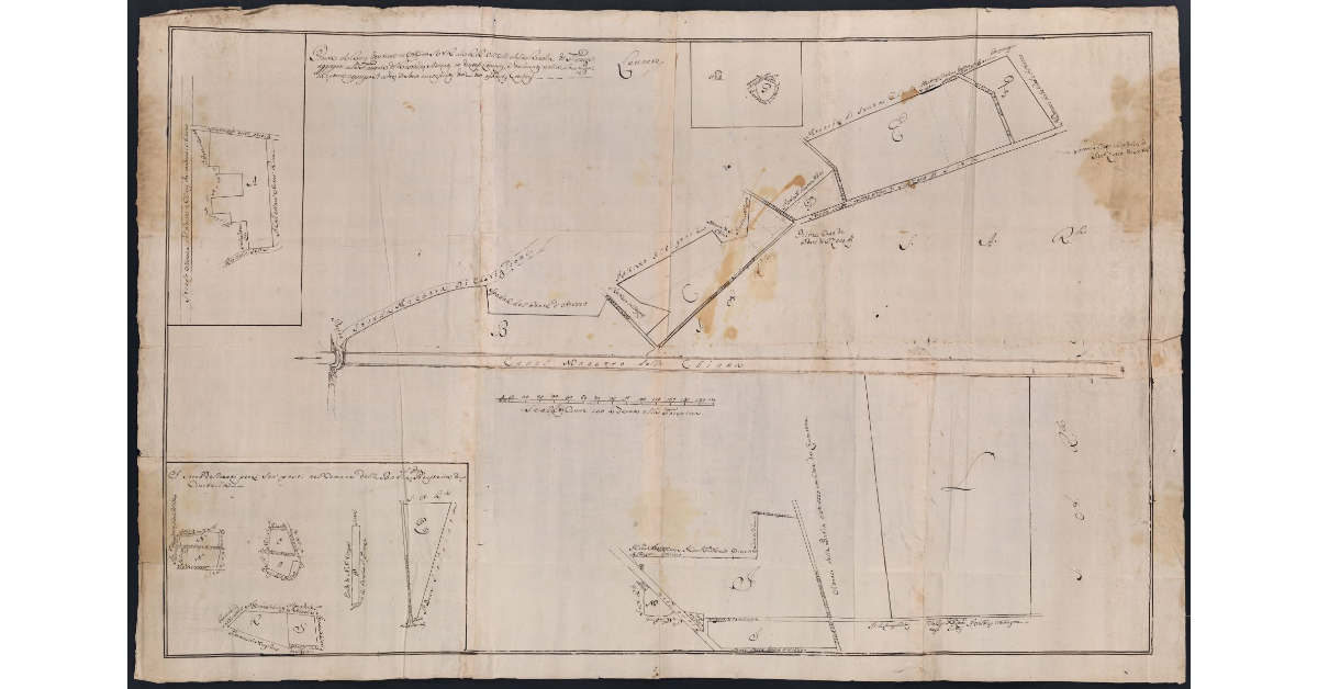 Pianta de Beni che tiene in Affitto S.A.R. da R.R. M.M. della Badia di Firenze aggregati alla fattoria del Bastardo, situati in diversi Comuni, e delineati nella Loro figura, come appresso si vede, e sono circoscritti da loro moderni confini